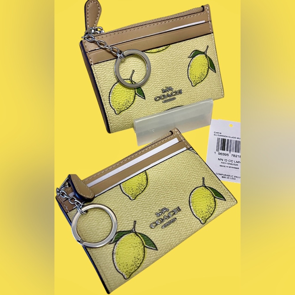 Coach NWT Card Holder/Keychain Zip Top, Coated Canvas/Leather Trim Lemon Print - Picture 8 of 11
